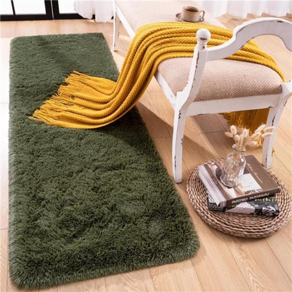 Soft Shag Runner Rug for Bedroom, 2x6 Feet Fluffy Rugs with Non-Slip,Olive Green - Picture 1 of 6